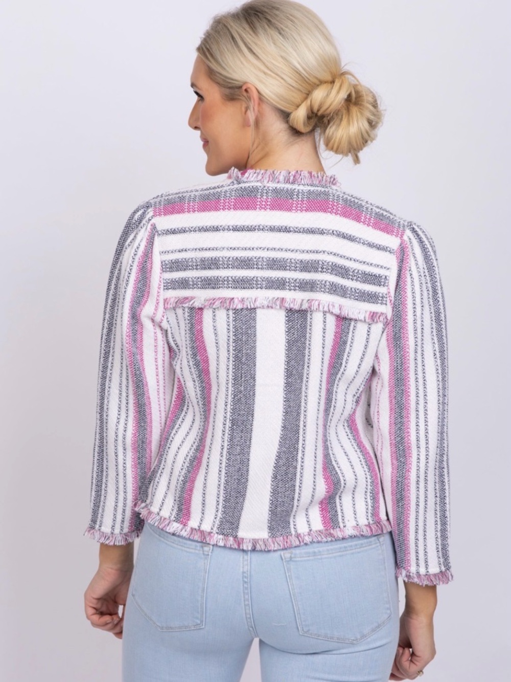 NIC+ZOE sz. XL Dashing Days Open Front Fringe Jacket Cardigan White Pink Striped
